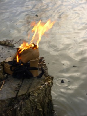 After the first &quot;Bang&quot;, blasted burning parts came down to the water.